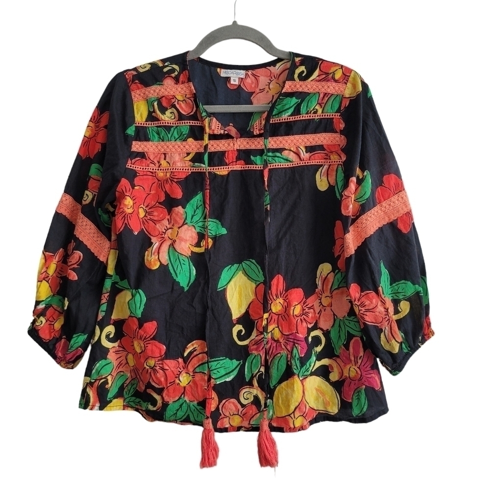 ModaPosa‎ Black & Red Citrus Floral Leola Puff-Sleeve Top Shirt